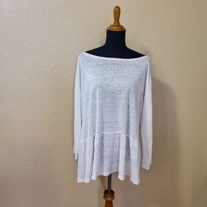 Eileen Fisher Organic Linen Ruffle Long Sleeve Knit Oversized Tunic Top S White